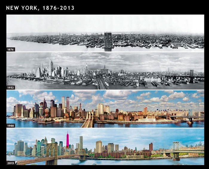 New York City skyline transformation over time showcasing dramatic before and after pics from 1876 to 2013.
