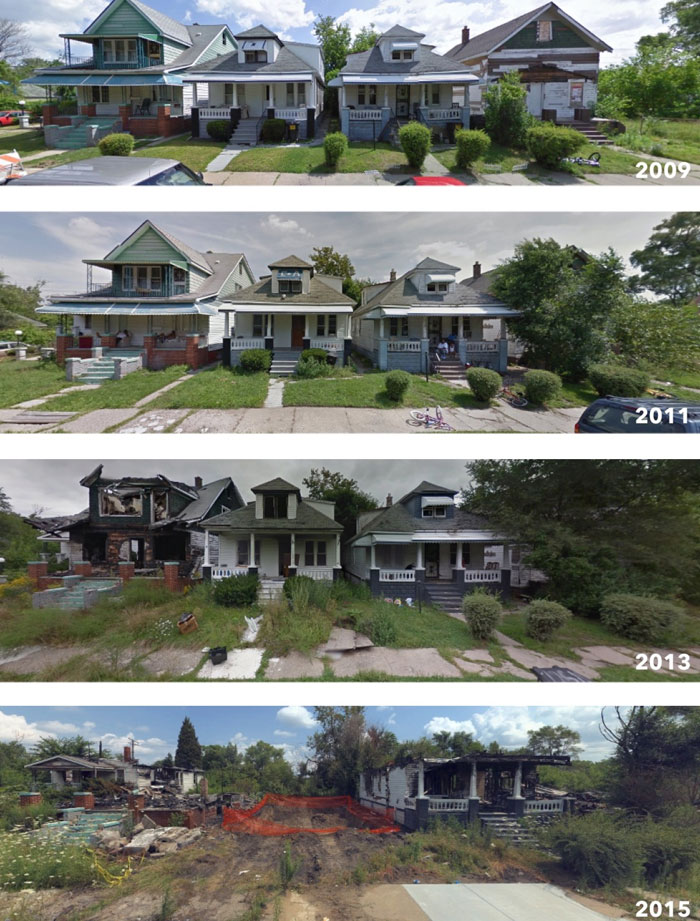 Series of dramatic before and after pics showing the gradual decline and destruction of neighborhood houses from 2009 to 2015.