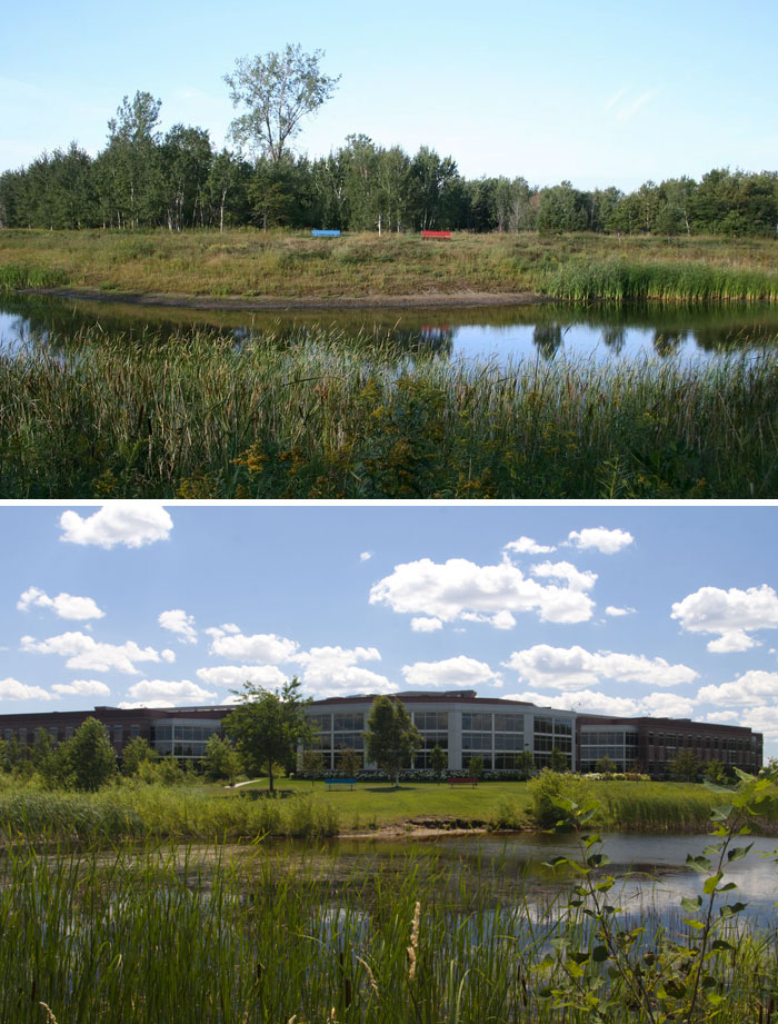 Before and after pics showing transformation of a natural pond area into a landscaped site with a modern building.