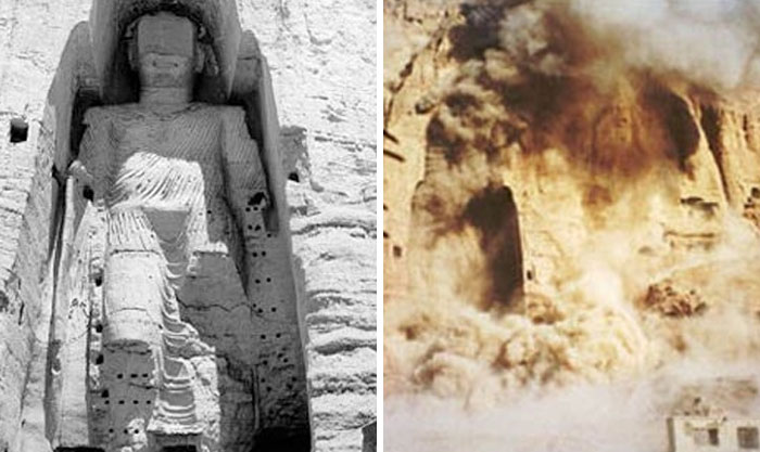 Side-by-side dramatic before and after pics showing the destruction of a large ancient statue carved into a cliffside.