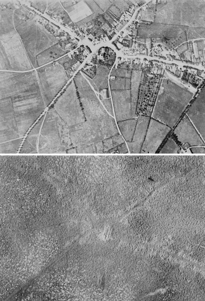 Aerial before and after pics showing dramatic landscape changes from a developed area to a barren or destroyed terrain.