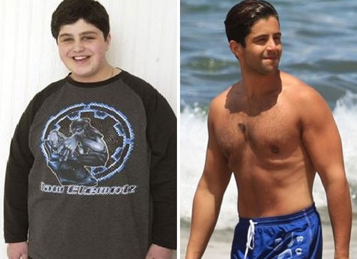 Side by side dramatic before and after pics showing a young man’s impressive body transformation at the beach.