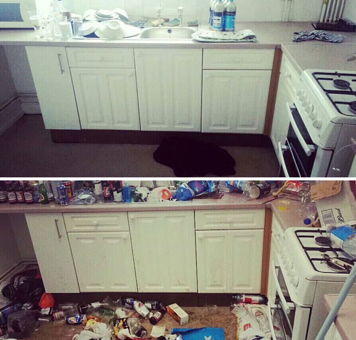 Before and after pics showing a kitchen transformation from messy and cluttered to clean and organized space.