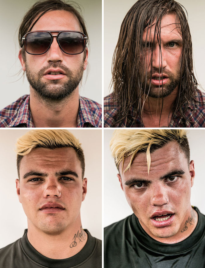 Side-by-side dramatic before and after pics showing changes in appearance and expression of two men.