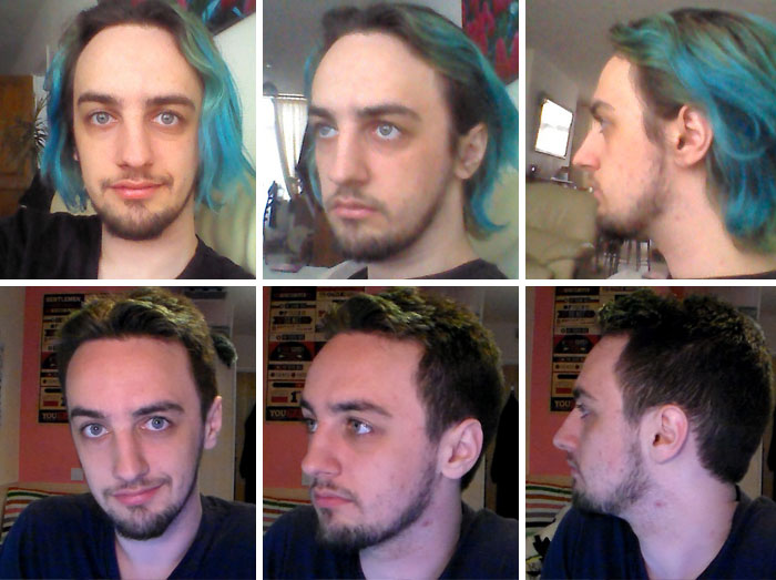 Before and after pics showing a dramatic hair color and style transformation from blue to natural brown hair in three angles.