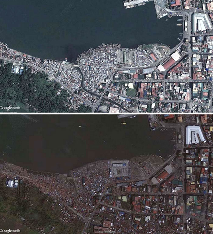 Aerial before and after pics showing dramatic urban and waterfront changes in a densely populated area.