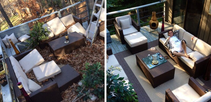 Outdoor patio transformation with dramatic before and after pics showing a cleared, clean, and stylish seating area.