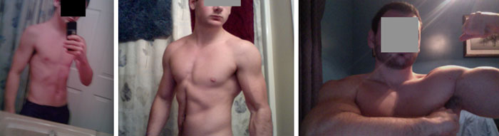 Three side-by-side before and after pics showing dramatic muscle growth transformation in a young man’s upper body.