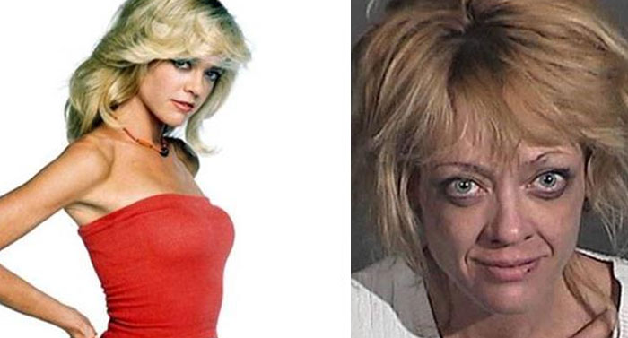 Side-by-side dramatic before and after pics showing a woman's transformation with contrasting appearances and expressions.