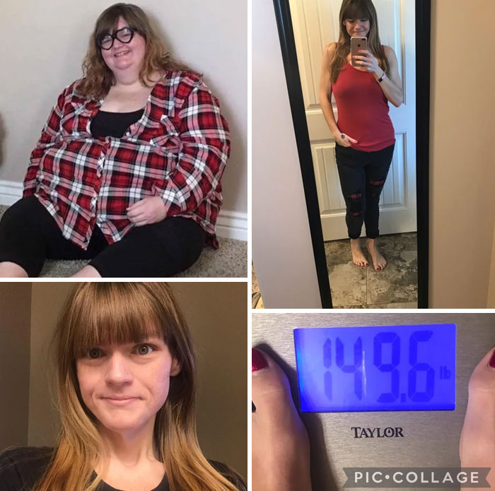 Dramatic before and after pics showing a woman’s weight loss transformation with full body, close-up, and scale images.