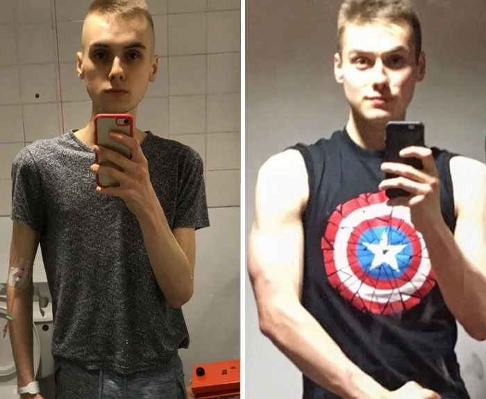 Before and after transformation showing dramatic muscle gain and improved physique in a young man taking mirror selfies.