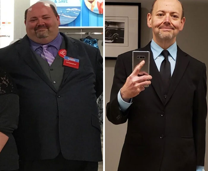Before and after dramatic weight loss transformation of a man wearing a suit and tie, showcasing striking changes.