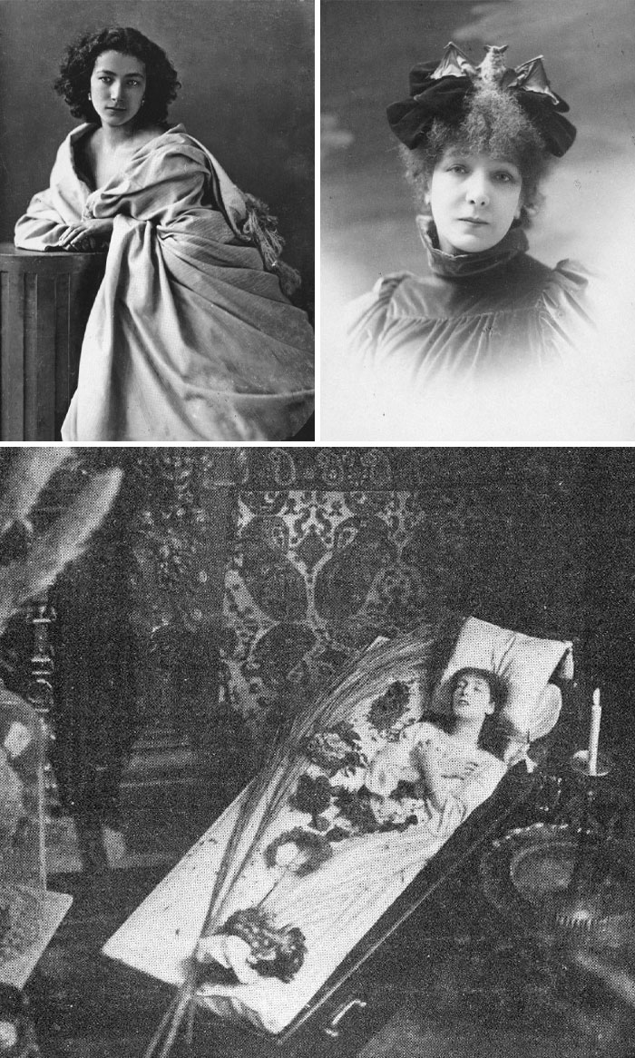 Three black and white Victorian era photos showing women in period clothing and a woman lying in a coffin with flowers.