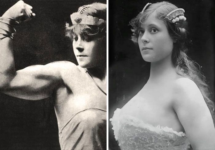 Black and white Victorian era photos showing a muscular woman flexing and a young woman in period dress and accessories.