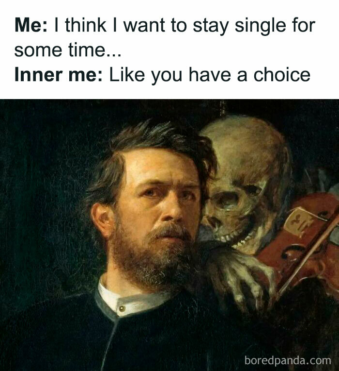 Man looks pensive while a skeleton plays violin behind him, a relatable meme about life as an introvert.