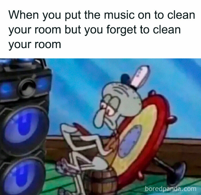 Introvert meme showing Squidward sitting and listening to music, forgetting to clean the room while music plays loudly.