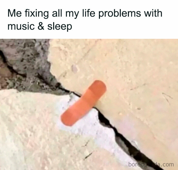 Bandage covering a crack in a wall representing relatable memes about life as an introvert and coping with problems.