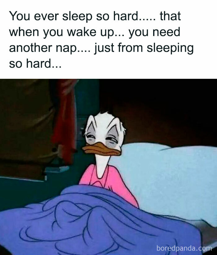 Tired cartoon character in bed illustrating relatable memes about life and exhaustion for introverts.