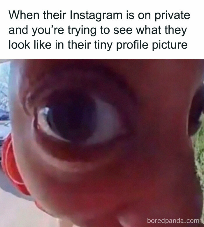 Close-up of a person’s eye attempting to see a tiny private Instagram profile picture, relatable introvert meme.
