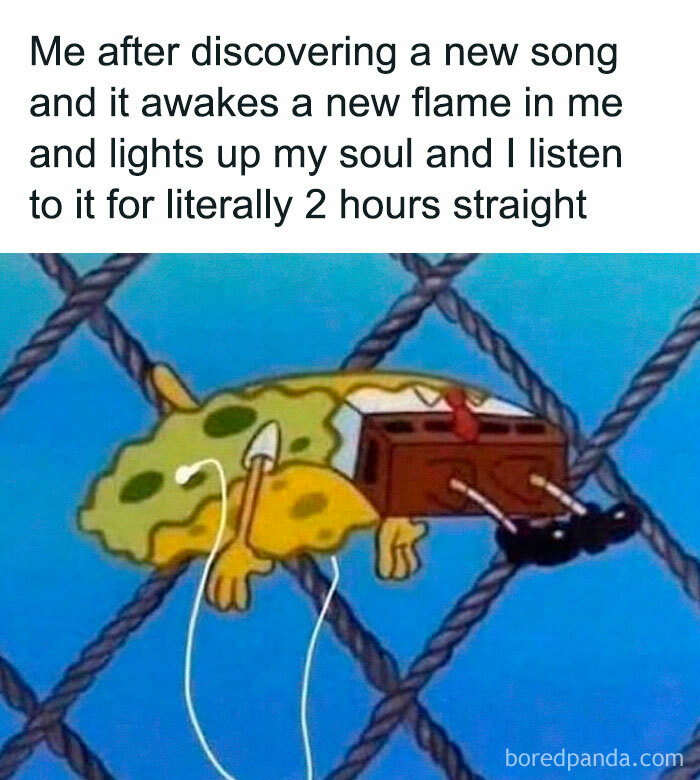 SpongeBob lying down with headphones, representing relatable memes about life as an introvert enjoying music for hours.
