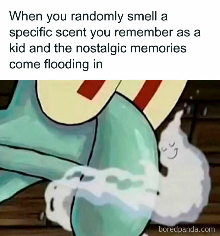 Cartoon character smelling a scent with nostalgic ghosts illustrating relatable introvert memories and emotions.