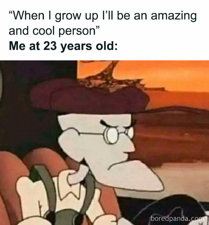 Cartoon character with glasses and a serious face, illustrating relatable memes about life as an introvert.
