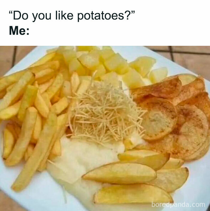 A plate with various types of potatoes, illustrating relatable memes about life as an introvert and potato preferences.