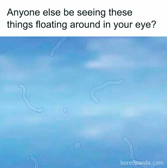 Meme showing a blue sky with floaters, relating to relatable memes about life as an introvert eye phenomena.