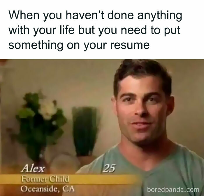 Man smiling in a video interview meme illustrating relatable introvert humor about life and resumes.
