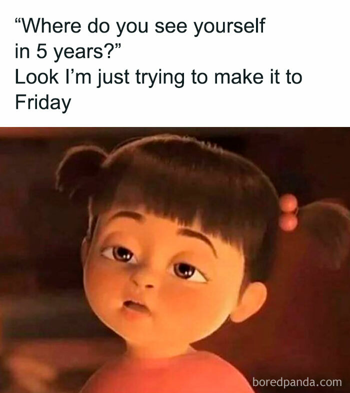 Tired animated girl meme with caption about just trying to make it to Friday, relatable introvert life meme.