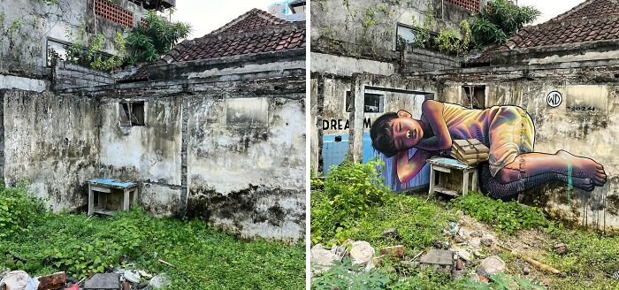 Realistic 3D mural of a boy resting on a chair painted on a dull, weathered building wall with greenery around.