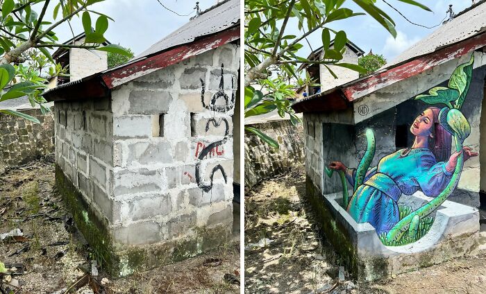 Side-by-side before and after images showing realistic 3D mural painted on a dull building wall outdoors.