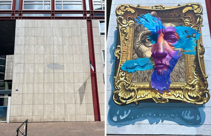 Before and after of realistic 3D murals painted on dull building walls, transforming urban spaces with vibrant street art.