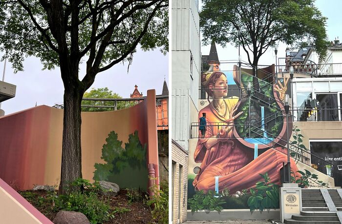 Realistic 3D mural of a seated woman painted on a large building wall surrounded by trees and urban elements.