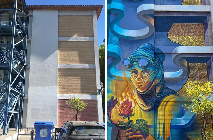 Realistic 3D mural on a building wall showing a person in goggles holding a glowing rose with vibrant colors and detailed artwork.