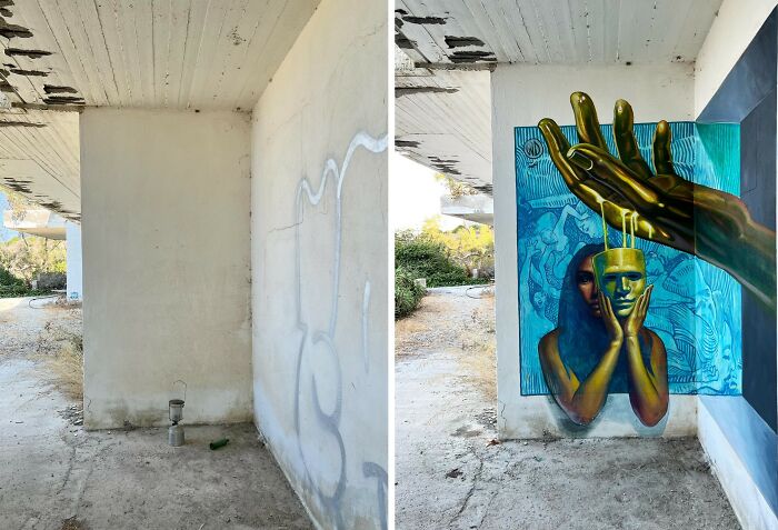 Before and after images showing realistic 3D murals painted on dull building walls transforming the space.