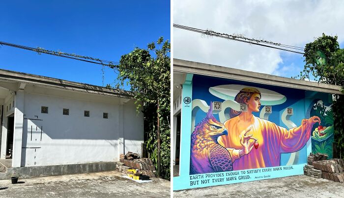 Side-by-side images of a dull building wall transformed with a realistic 3D mural of a person and an eagle.
