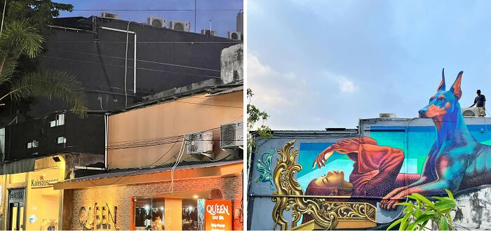 Realistic 3D mural painted on a dull building wall transforming the urban environment with vibrant street art.