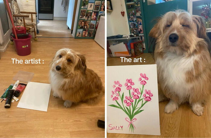 Funny and cute dog sitting next to painting supplies and a paw print flower bouquet artwork on wooden floor indoors