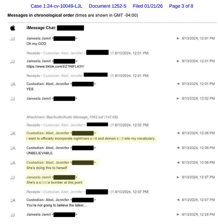 Text message exchange revealing British actress Jameela Jamil insulting Blake Lively, with some text redacted.