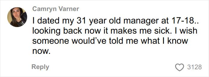 Comment from Camryn Varner describing regret over dating a much-older man as a teen reflecting an addictive relationship experience.