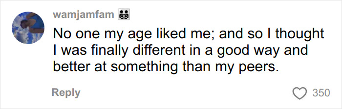 Comment from user wamjamfam sharing feelings about being different and better than peers, relating to twisted addictive relationship topic.