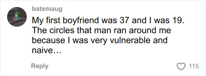 Screenshot of a social media comment discussing an addictive relationship with a much older man during vulnerable teenage years.