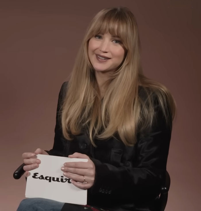 Jennifer Lawrence speaking in an interview, holding Esquire cards, amid controversy over rehoming her pet after nine years. Jennifer Lawrence speaking in an interview, holding Esquire cards, amid controversy over rehoming her pet after nine years.