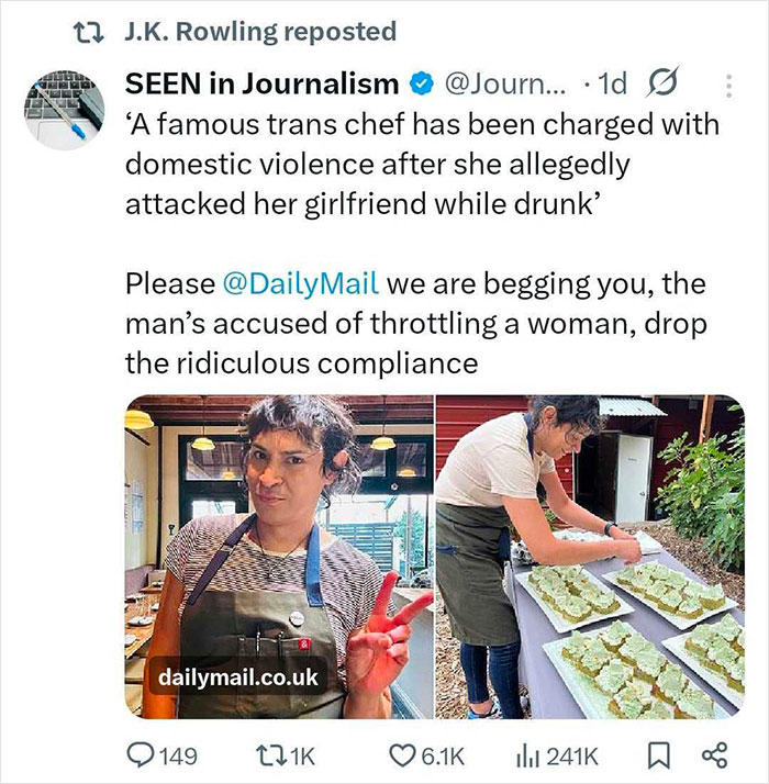Tweet screenshot showing J.K. Rowling repost about media coverage of trans chef charged with attacking girlfriend. Tweet screenshot showing J.K. Rowling repost about media coverage of trans chef charged with attacking girlfriend.