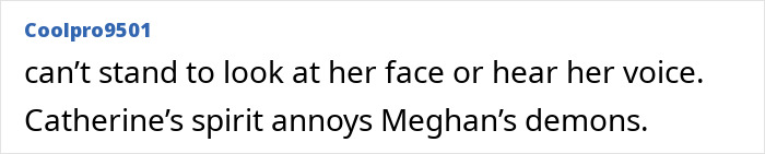 Text comment criticizing Meghan Markle, referencing Kate Middleton&rsquo;s 44th birthday and viral Meghan Markle evil stare compilation.