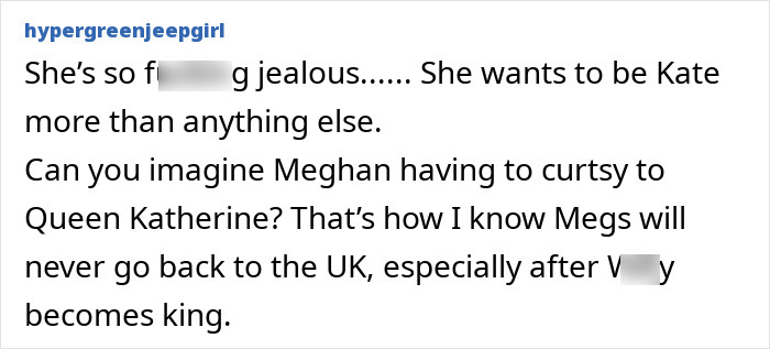 Screenshot of a social media comment discussing Meghan Markle&rsquo;s jealousy and references to Kate Middleton on her 44th birthday.