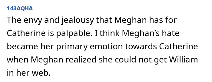Text screenshot showing a comment about Meghan Markle&rsquo;s jealousy and hate towards Catherine, related to Kate Middleton&rsquo;s birthday.