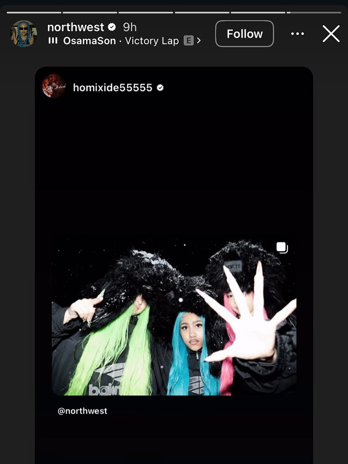 North West wearing colorful wigs and black furry hats, pictured with adults in a nighttime setting. North West wearing colorful wigs and black furry hats, pictured with adults in a nighttime setting.