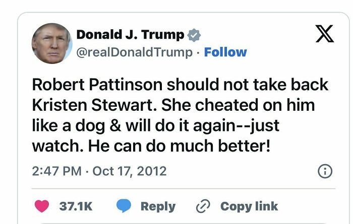 Tweet screenshot showing Donald J. Trump commenting on Kristen Stewart, related to her possible exit from the US.